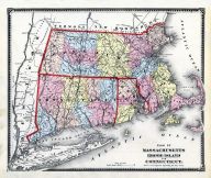 State Map Massachusetts - Rhode Island - Connecticut, Worcester County 1870